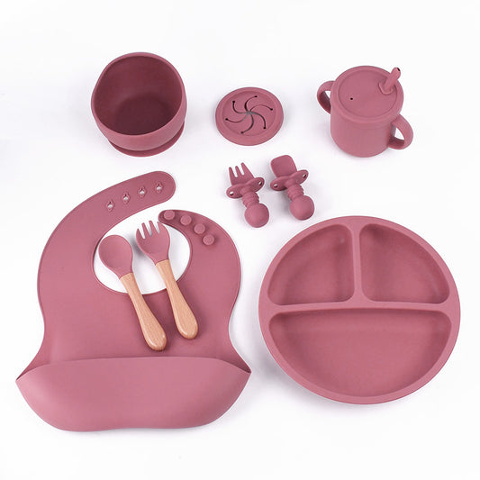 8-Piece Silicone Children's Tableware Set - BPA-Free Rose Red